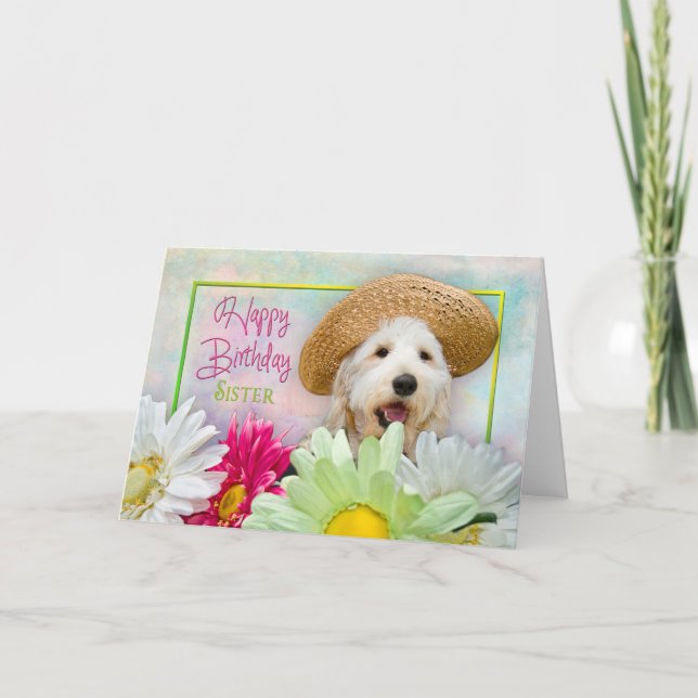BIRTHDAY - SISTER - PUPPY/FLOWERS/SUNHAT CARD (Front)