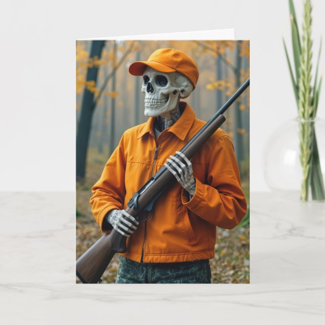 Birthday Skeleton Deer Hunter Carrying a Rifle Card (Front)