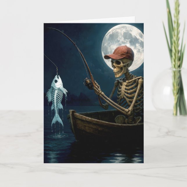 Birthday Skeleton Fishing In a Wooden Rowboat Card (Front)