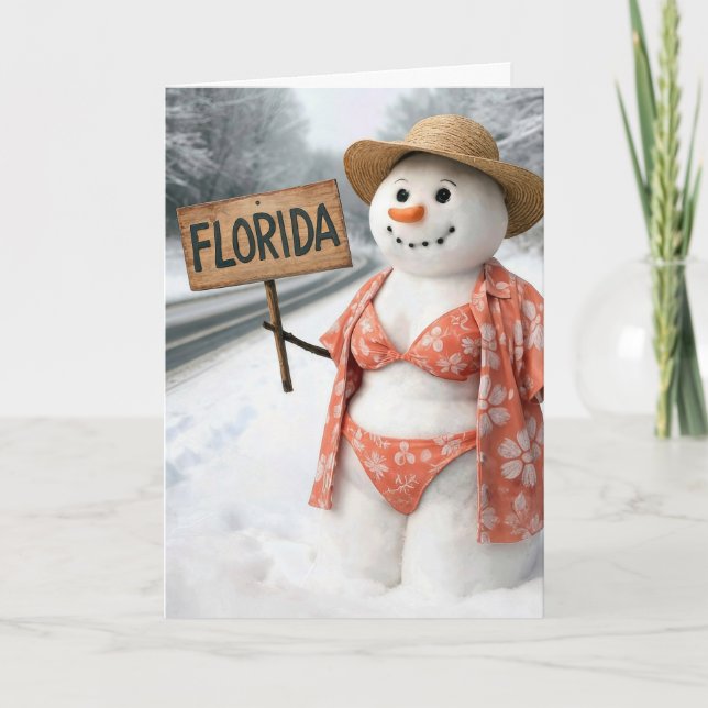 Birthday Snow Lady Hitchhiking With Sign Card (Front)