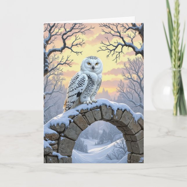 Birthday Snowy Owl On a Stone Arch Card (Front)