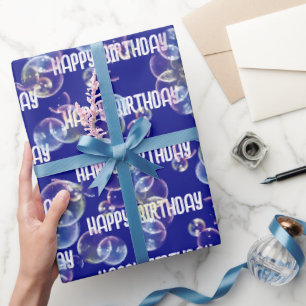 Birthday Soap Bubbles On Blue Wrapping Paper