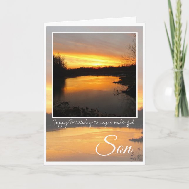 Birthday Son, Dark Orange Sunrise Reflection. Card (Front)