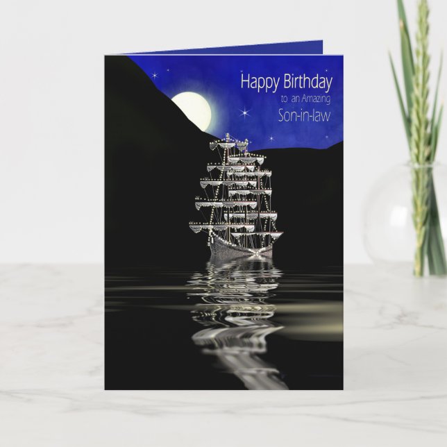 Birthday, Son-in-Law,  Ship with Sails, Night Card (Front)