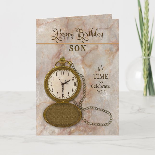 Birthday Son Pocket Watch and Chain  Card (Front)