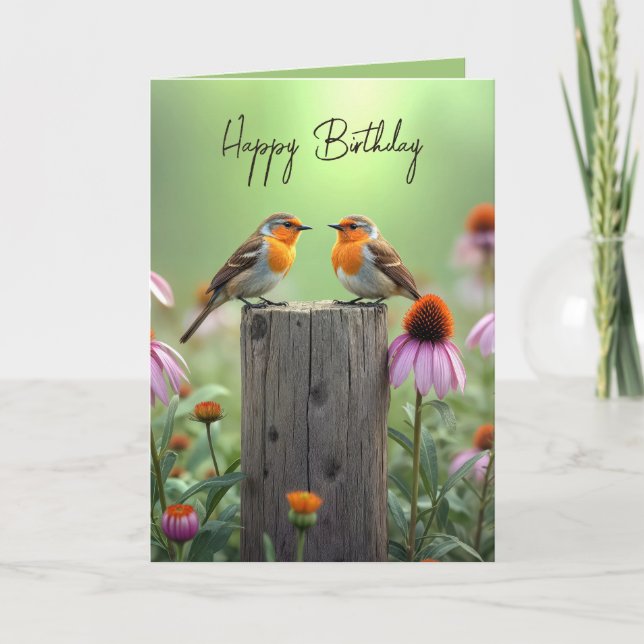 Birthday Songbirds On a Fence Post  Card (Front)