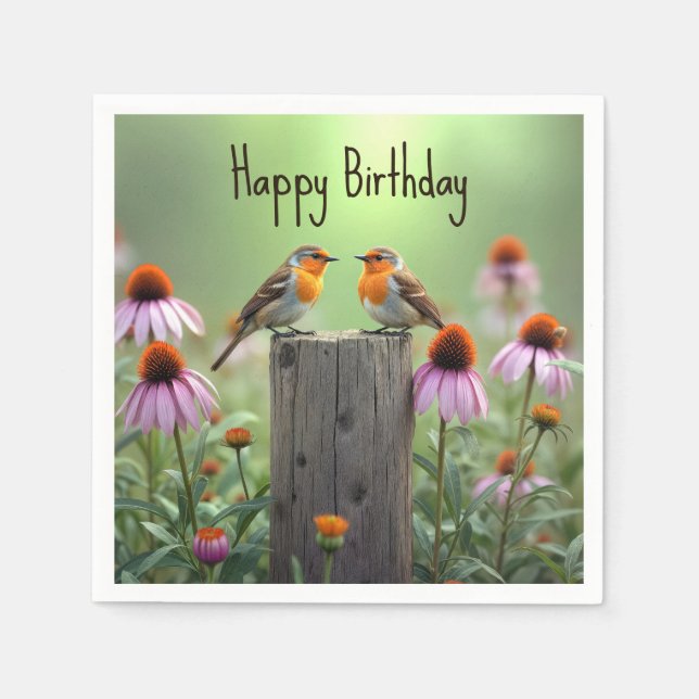 Birthday Songbirds On a Post With Coneflowers Napkin (Front)