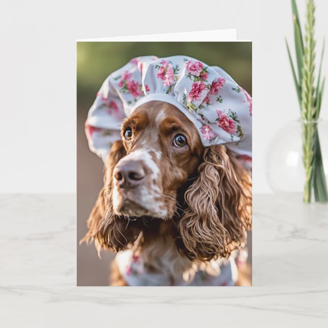 Birthday Spaniel Wearing Shower Cap Card (Front)