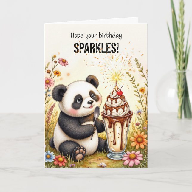 Birthday Sparkles Panda with Ice Cream Sundae Card (Front)