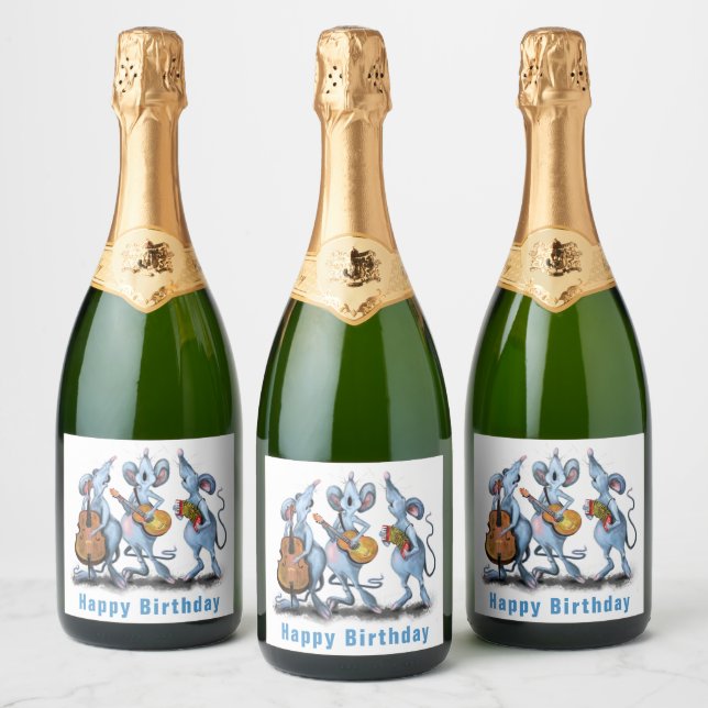Birthday Sparkling Wine Label Mouse Music Band (Bottles)