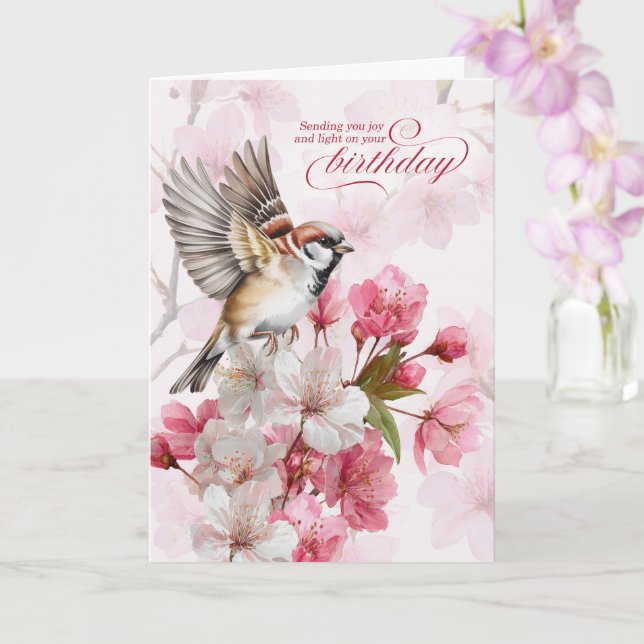 Birthday Sparrow and Cherry Blossoms Joy Card (Orchid)
