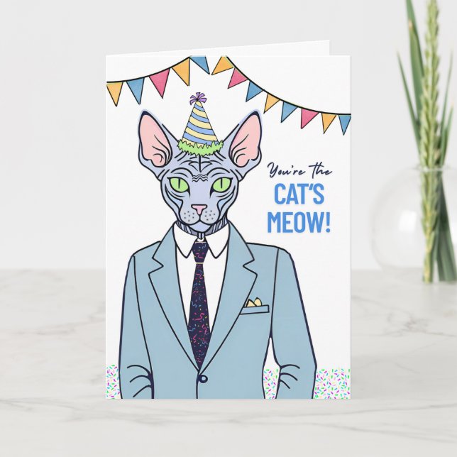 Birthday Sphynx Cat Dressed Up in Suit Cat’s Meow Card (Front)