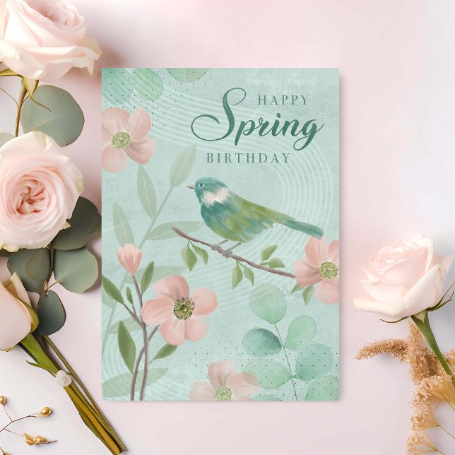 Birthday Spring Leaves Flowers and Bird  Card (Creator Uploaded)