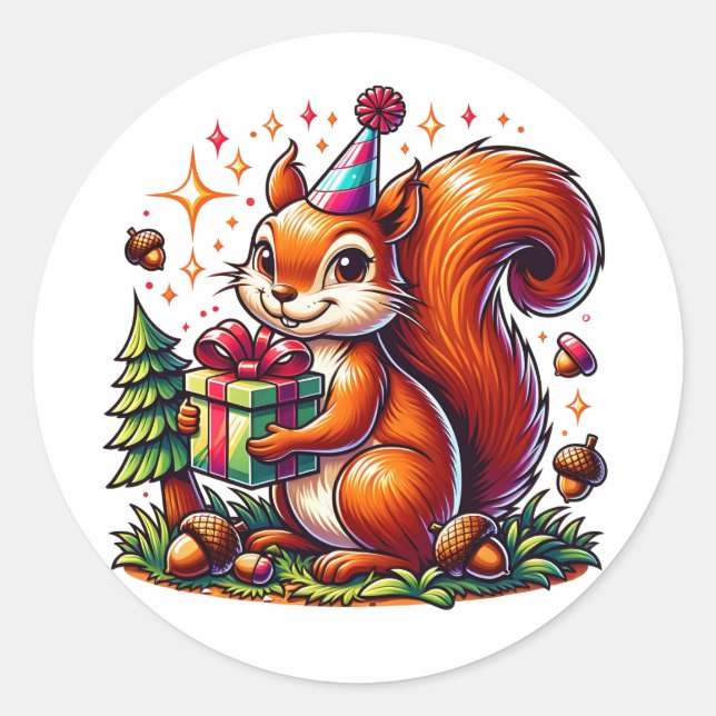 Birthday Squirrel Cute Cartoon Classic Round Sticker (Front)