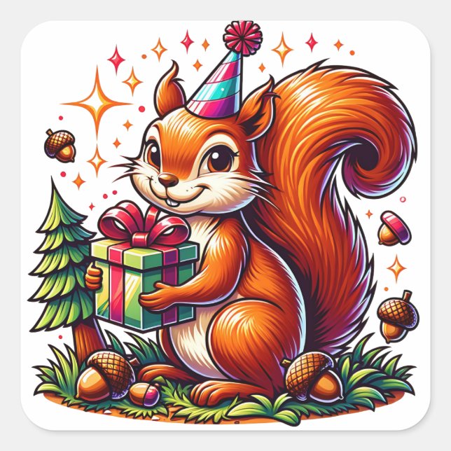 Birthday Squirrel Cute Cartoon Square Sticker (Front)
