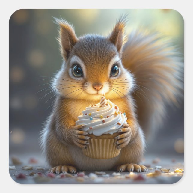 Birthday Squirrel With Cupcake Square Sticker (Front)