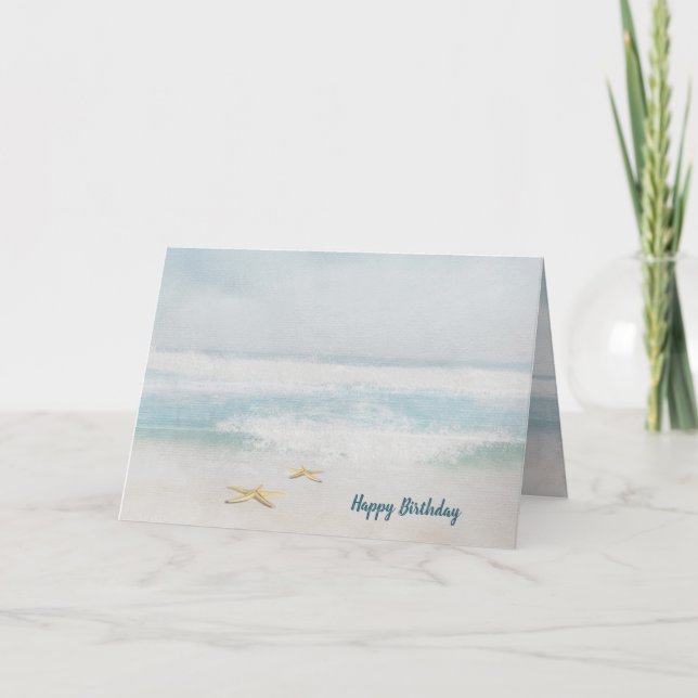 Birthday starfish and ocean surf watercolor card (Front)