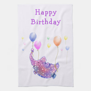 Birthday Starry Elephant Flying Colourful Balloons Tea Towel