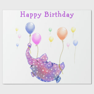 Birthday Starry Elephant Flying Colourful Balloons Wrapping Paper