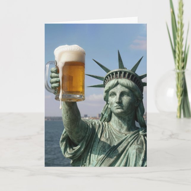 Birthday Statue of Liberty Holding Up a Beer Mug Card (Front)