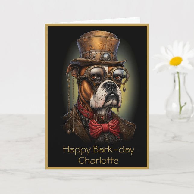 Birthday Steampunk Boxer Dog Custom Name Text 117 Card (Small Plant)