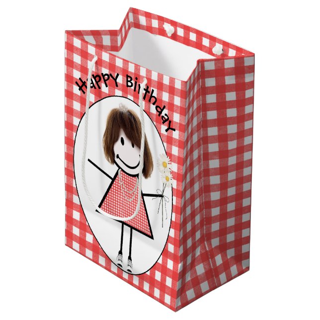 Birthday Stick Figure Girl In Sneakers on Gingham  Medium Gift Bag (Front Angled)