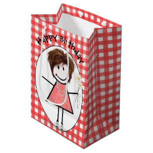 Birthday Stick Figure Girl In Sneakers on Gingham  Medium Gift Bag