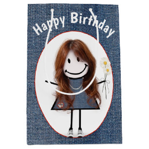 Birthday Stick Figure Girl On Denim Medium Gift Bag