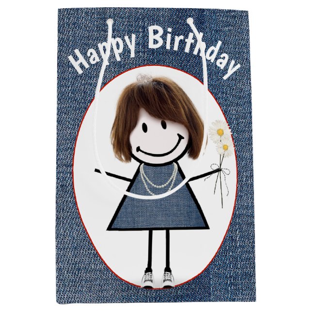 Birthday Stick Figure Girl On Denim    Medium Gift Bag (Front)