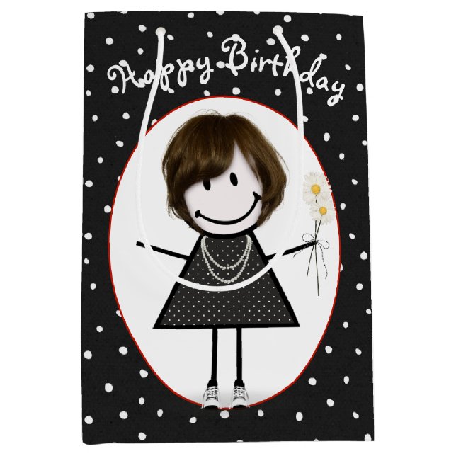 Birthday Stick Figure Girl On Polka Dots   Medium Gift Bag (Front)