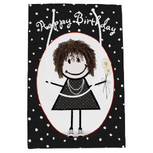 Birthday Stick Figure Girl On Polka Dots  Medium Gift Bag