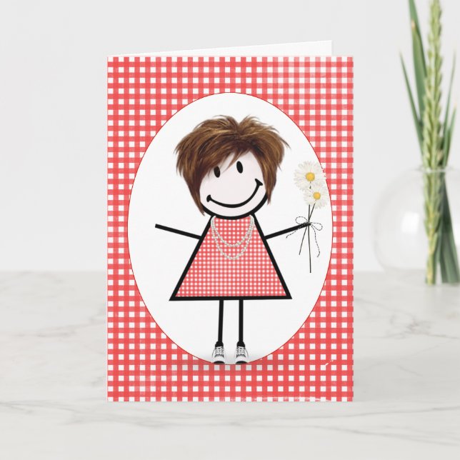 Birthday Stick Figure Girl On Red Gingham  Card (Front)
