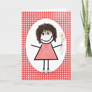 Birthday Stick Figure Girl On Red Gingham   Card