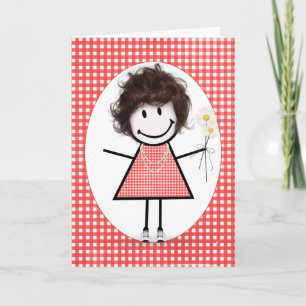 Birthday Stick Figure Girl On Red Gingham Card