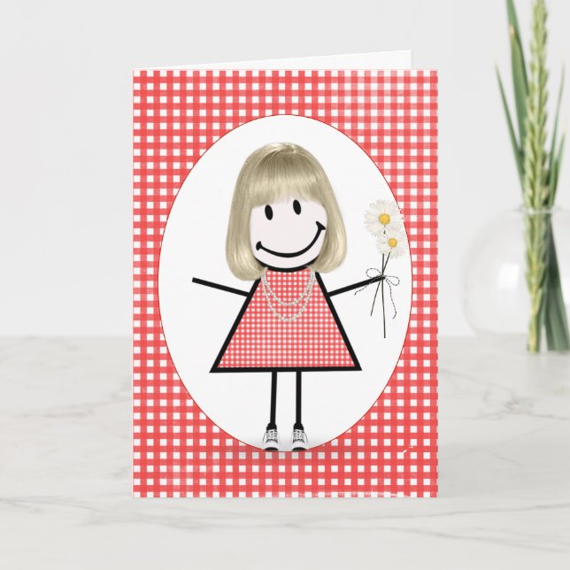 Birthday Stick Figure Girl On Red Gingham Card (Front)