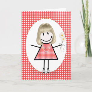 Birthday Stick Figure Girl On Red Gingham Card