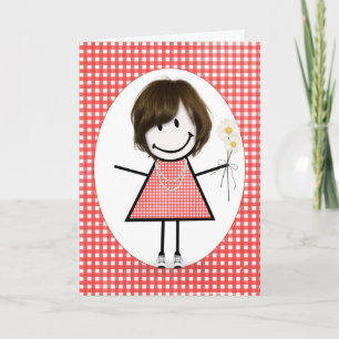 Birthday Stick Figure Girl On Red Gingham  Card