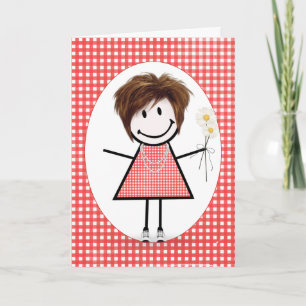 Birthday Stick Figure Girl On Red Gingham   Card