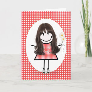 Birthday Stick Figure Girl On Red Gingham  Card