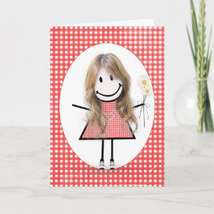 Birthday Stick Figure Girl On Red Gingham Card