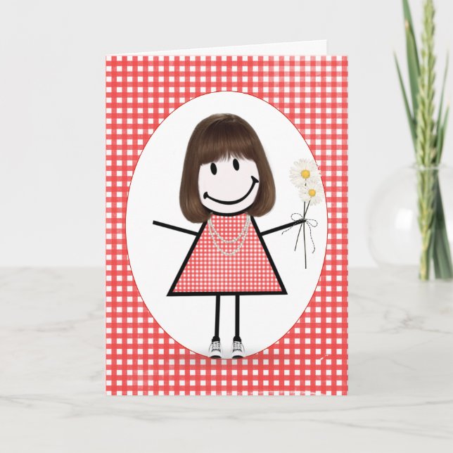 Birthday Stick Figure Girl On Red Gingham  Card (Front)
