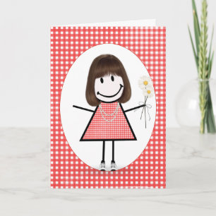 Birthday Stick Figure Girl On Red Gingham  Card