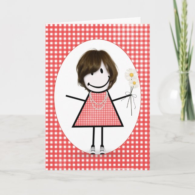 Birthday Stick Figure Girl On Red Gingham  Card (Front)