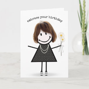 Birthday Stick Figure Girl with Daisies Card