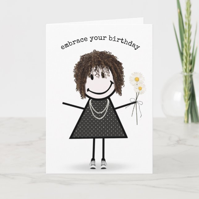 Birthday Stick Figure Girl with Daisies  Card (Front)
