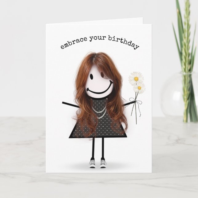 Birthday Stick Figure Girl with Daisies  Card (Front)