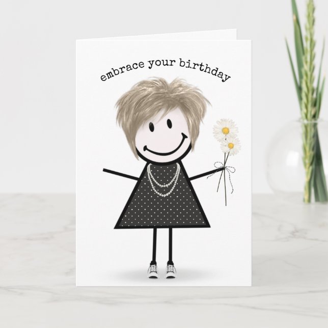 Birthday Stick Figure Girl with Daisies    Card (Front)