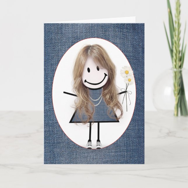 Birthday Stick Figure Girl with Daisies Card (Front)