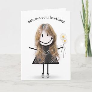 Birthday Stick Figure Girl with Daisies Card