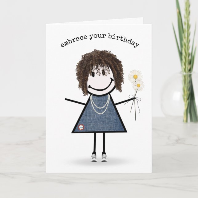 Birthday Stick Figure Girl with Daisies Card (Front)